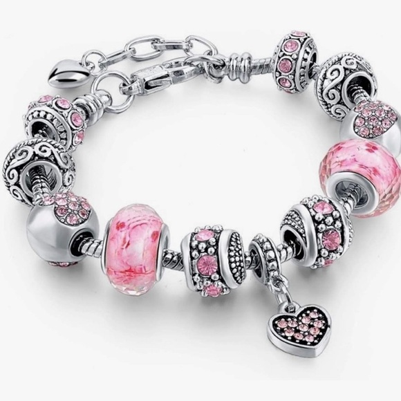 Silver and pink beaded bracelet like Pandora full bracelet 7.5 inches - Picture 1 of 3